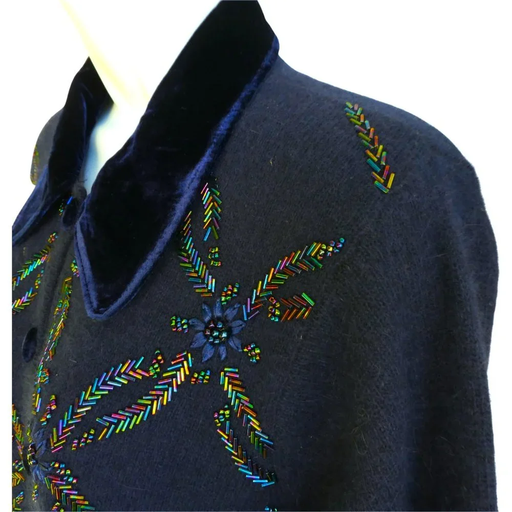 ANGoRa WooL Talbots Iridescent Beaded Soft Navy Cardigan Velvet Buttons Collar M